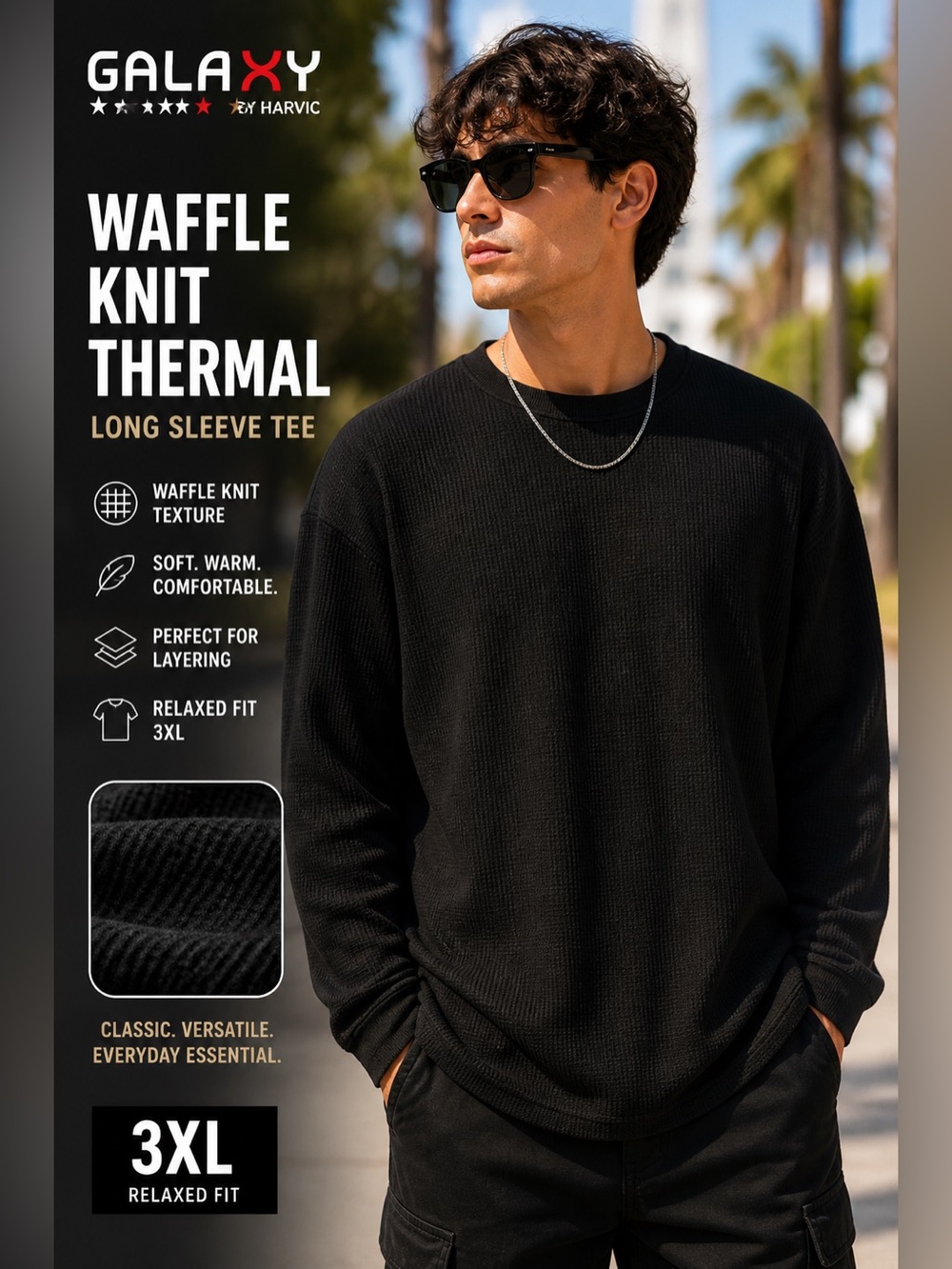 Galaxy by Harvic Black Waffle Knit Thermal Long Sleeve Tee 3XL NWT Relaxed Fit